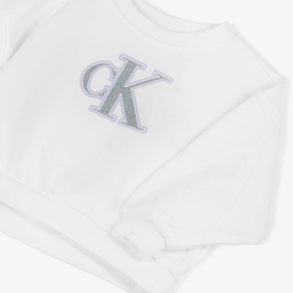 Calvin Klein-Girls Ivory Cotton Sparkle Logo Pullover | Childrensalon Outlet
