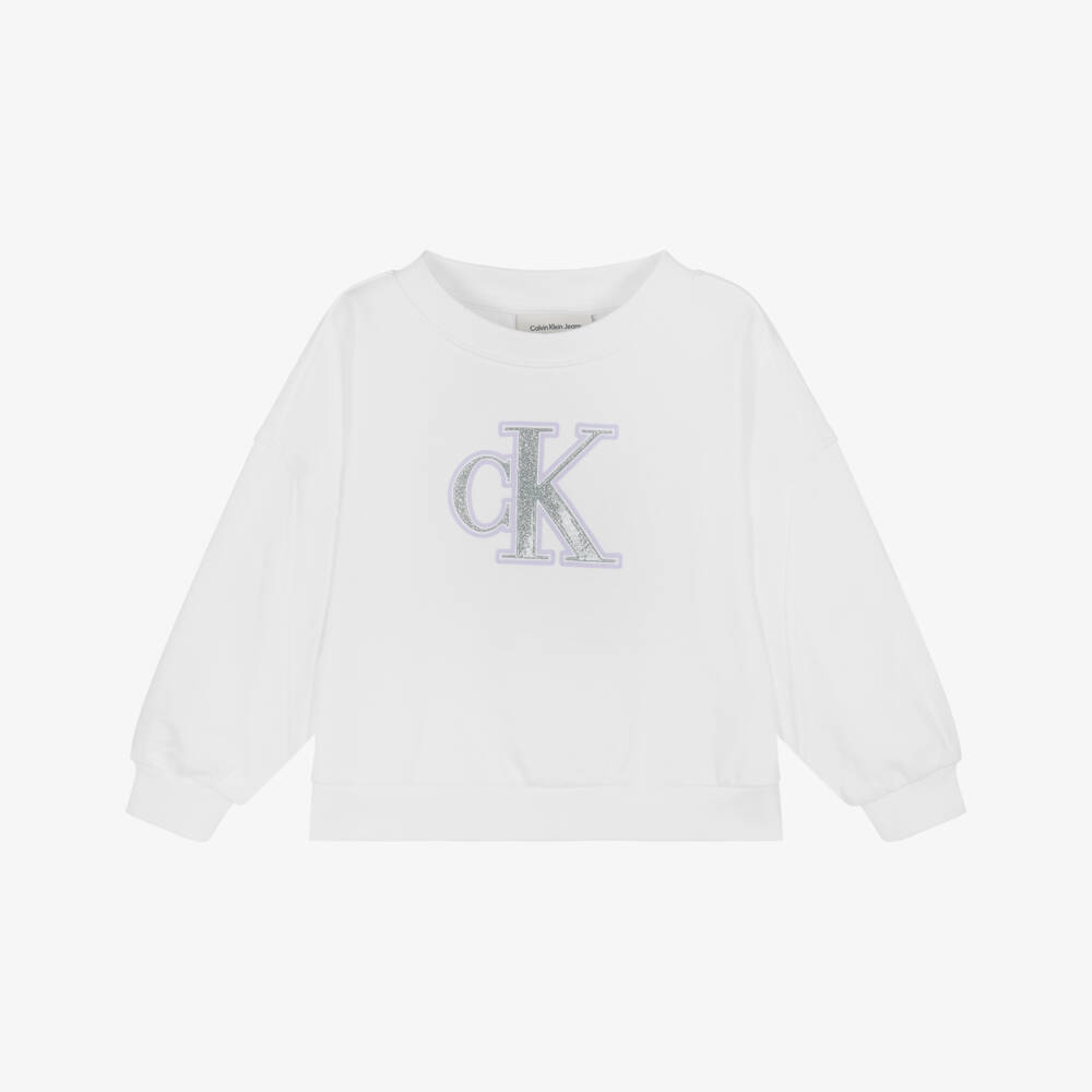 Calvin Klein-Girls Ivory Cotton Sparkle Logo Pullover | Childrensalon Outlet