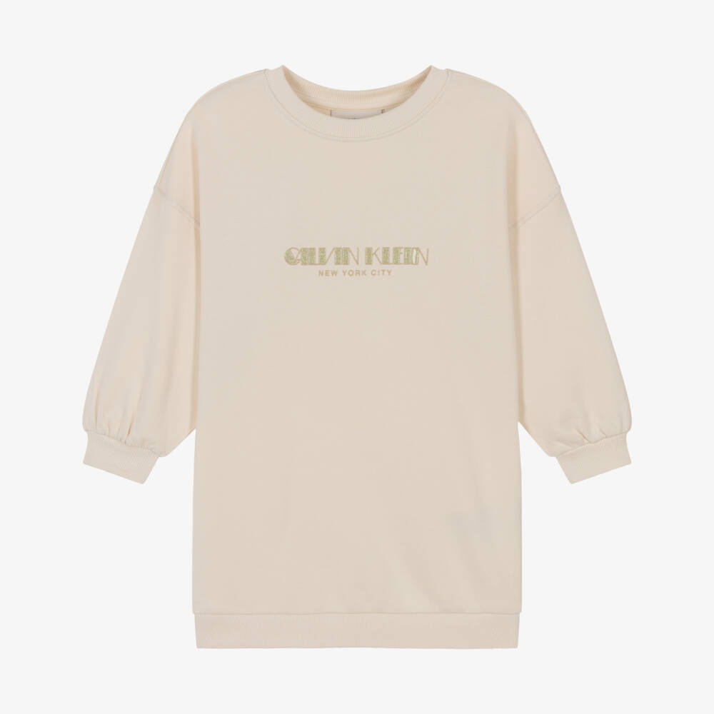Calvin Klein-Girls Ivory Cotton Sweatshirt Dress with Iridescent Logo | Childrensalon Outlet