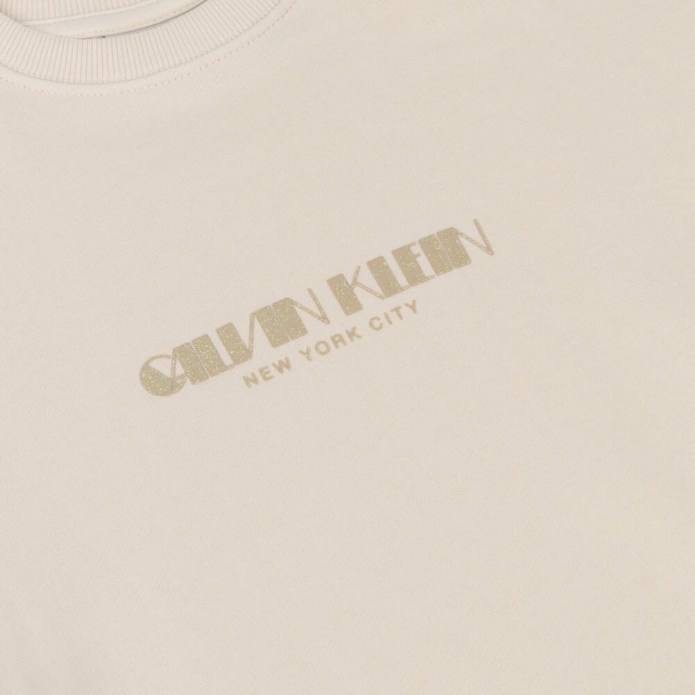 Calvin Klein-Girls Ivory Cotton Sweatshirt Dress with Iridescent Logo | Childrensalon Outlet