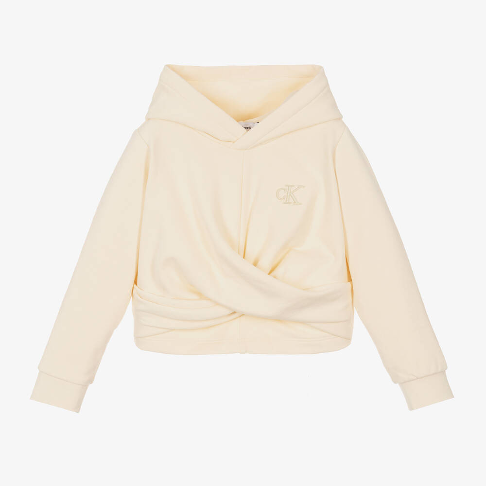 Calvin Klein-Girls Ivory Cotton Twist Front Hoodie | Childrensalon Outlet