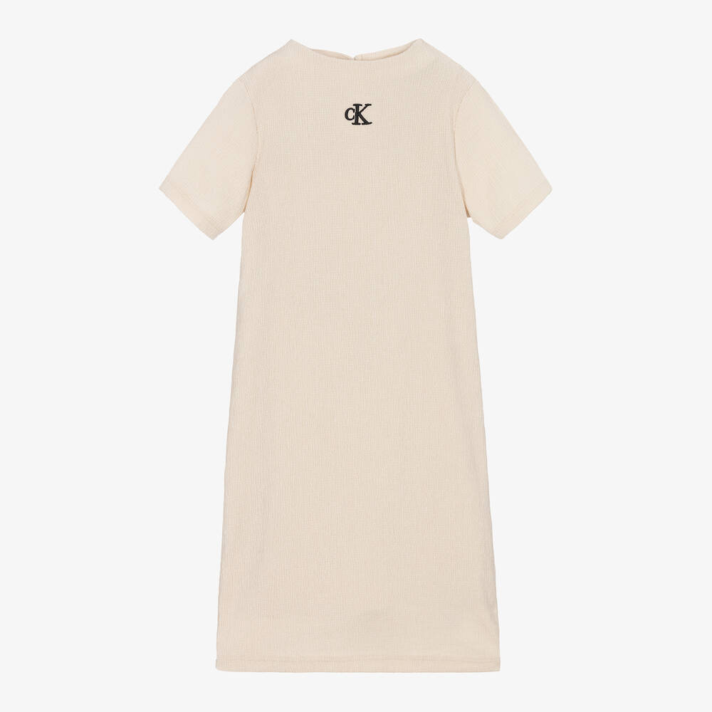 Calvin Klein - Girls Ivory Crinkle Jersey Dress | Childrensalon