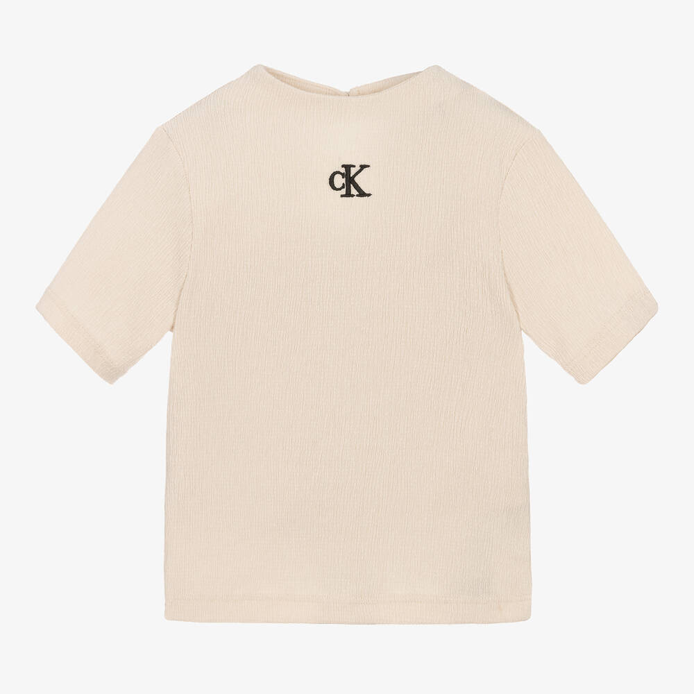 Calvin Klein - Girls Ivory Crinkle Jersey Top | Childrensalon