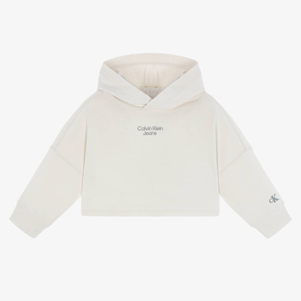 Calvin Klein Jeans-Girls Ivory Crop Logo Hoodie | Childrensalon Outlet