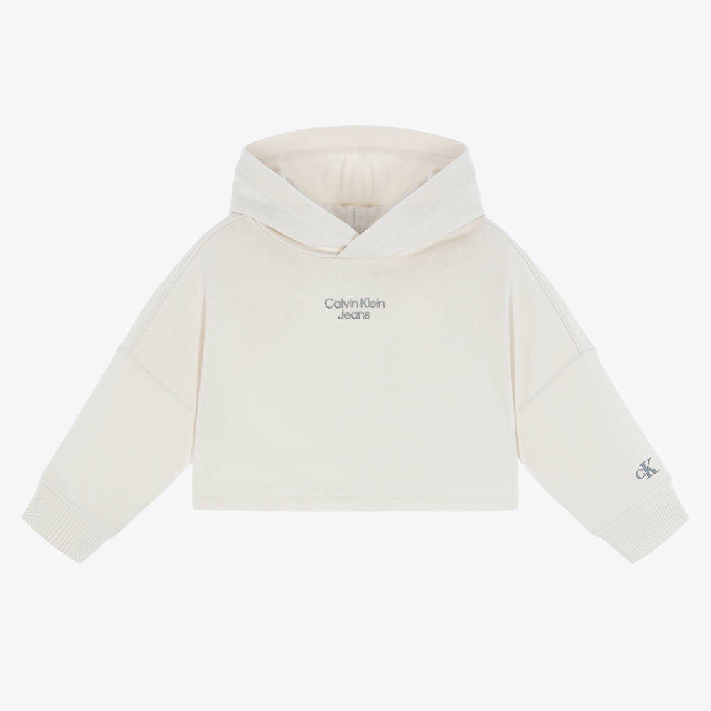 Calvin Klein Jeans - Girls Ivory Crop Logo Hoodie | Childrensalon