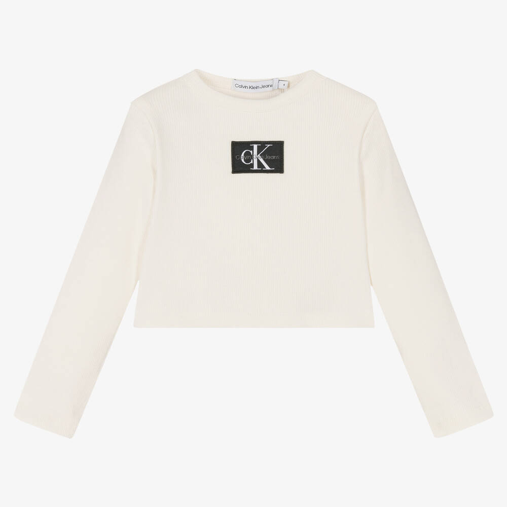 Calvin Klein Jeans - Girls Ivory Cropped Jersey Top | Childrensalon