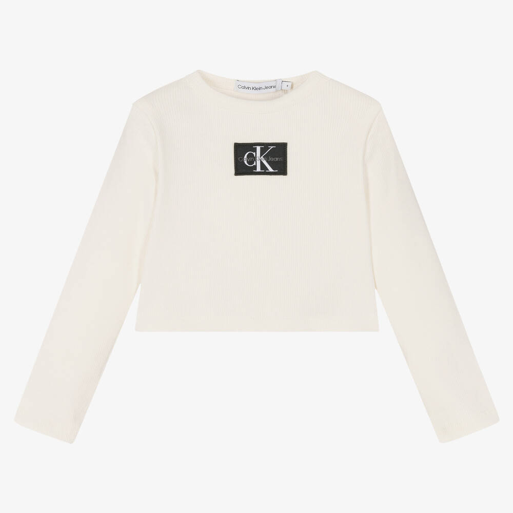 Calvin Klein Джинсы-Кремовый укороченный топ из джерси для девочек | Childrensalon Outlet