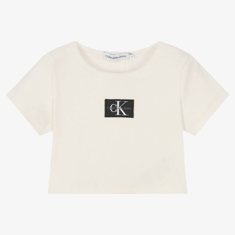 Calvin Klein Jeans - Girls Ivory Cropped T-Shirt | Childrensalon