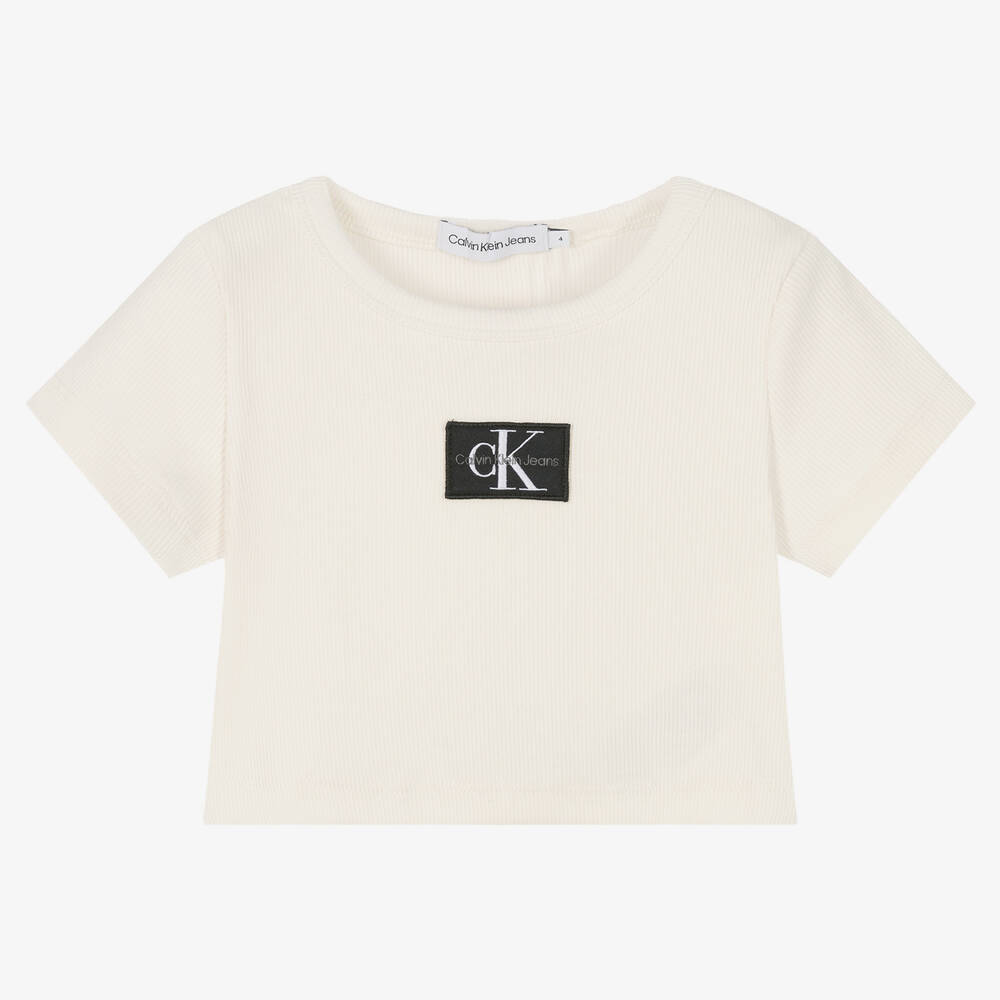 Calvin Klein Jeans - تيشيرت قصير قطن جيرسي لون عاجي للبنات | Childrensalon