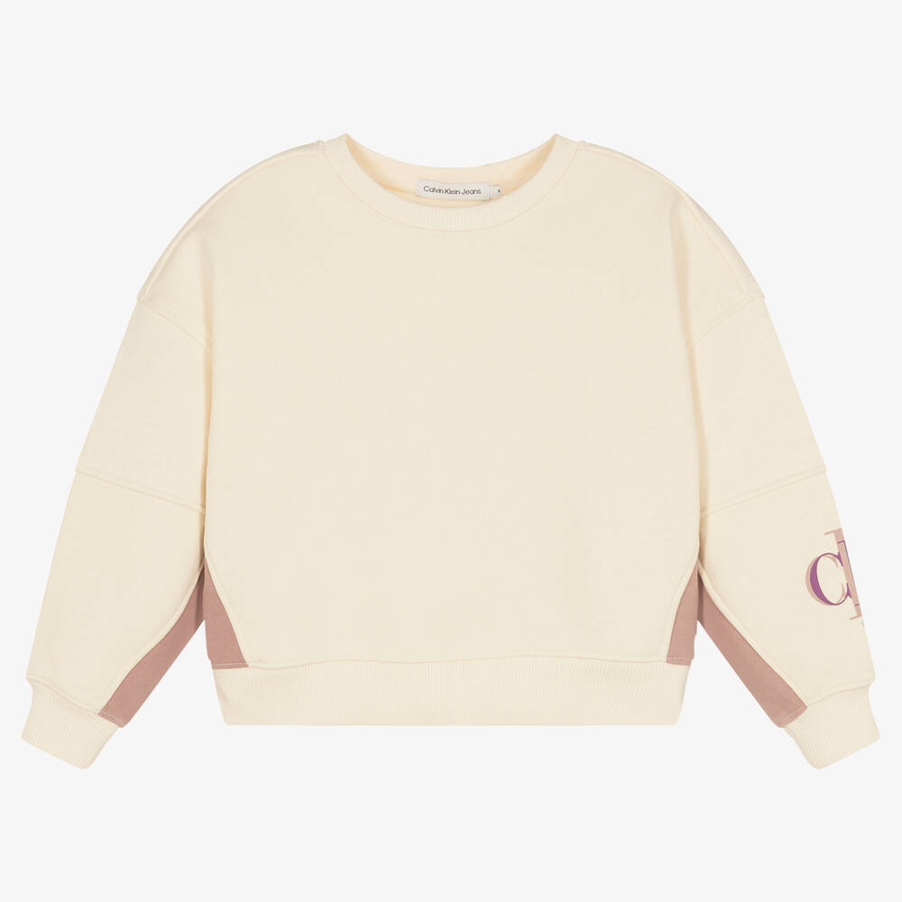 Calvin Klein Jeans - Sweat ivoire et rose en coton fille | Childrensalon