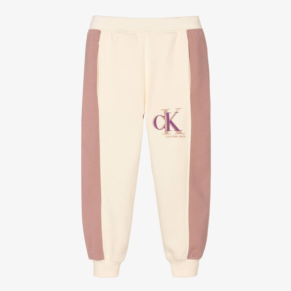 Calvin Klein Jeans - Girls Ivory & Pink Logo Joggers | Childrensalon