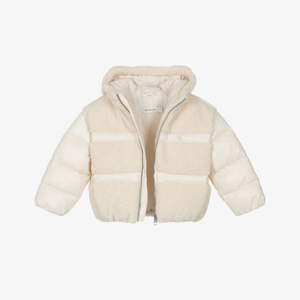 Calvin Klein-Girls Ivory Sherpa Fleece Puffer Jacket with Hood | Childrensalon Outlet