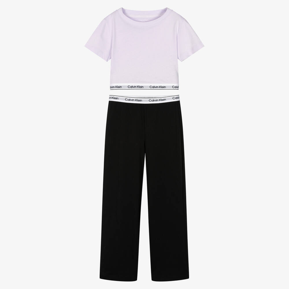 Calvin Klein - طقم بيجاما قطن جيرسي لون أسود للبنات | Childrensalon