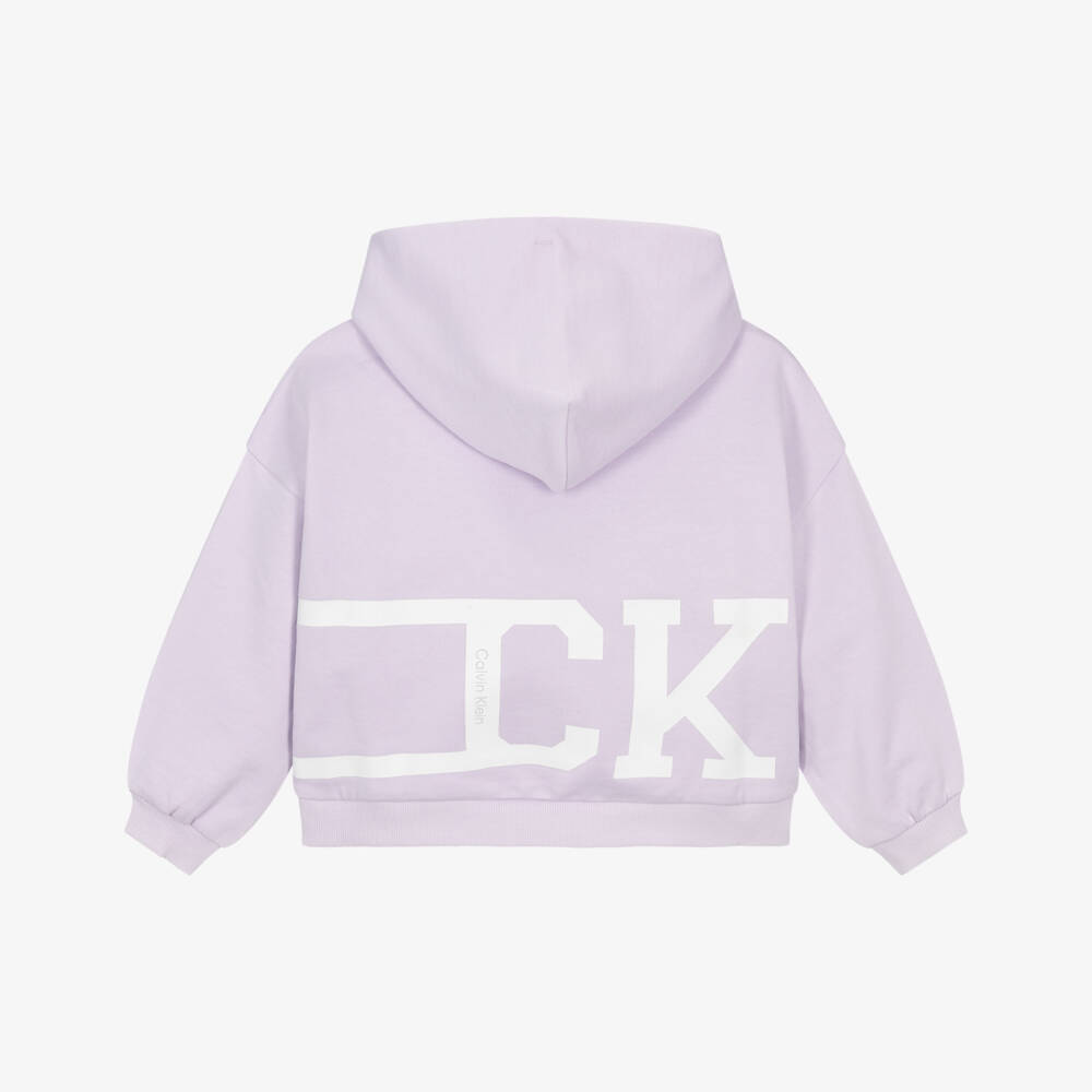 Calvin Klein-Girls Lilac Purple Cotton Hoodie with Bold Face Logo | Childrensalon Outlet