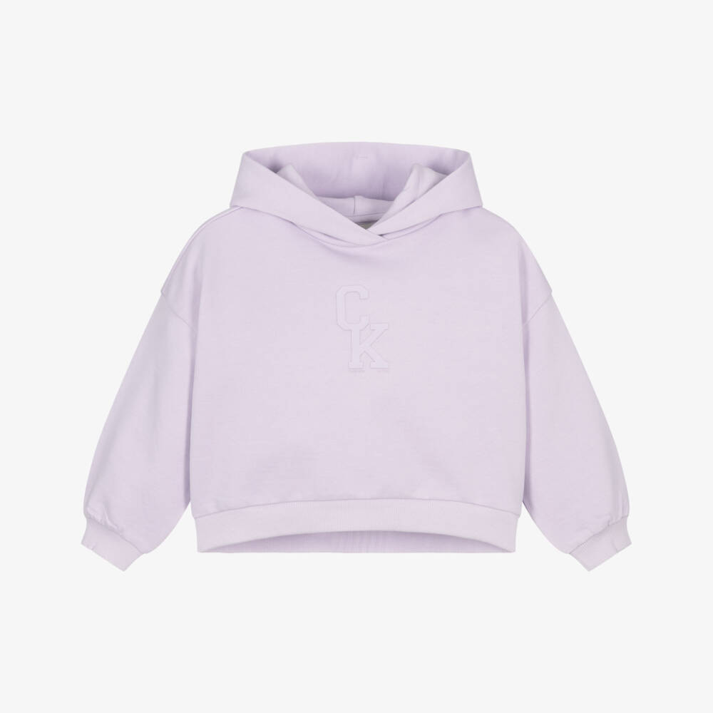 Calvin Klein-Girls Lilac Purple Cotton Hoodie with Bold Face Logo | Childrensalon Outlet
