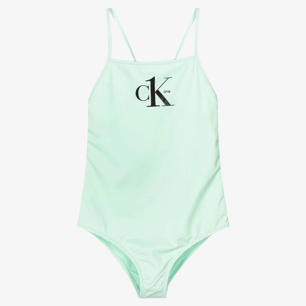 Calvin Klein - Girls Logo Green Swimsuit | Childrensalon