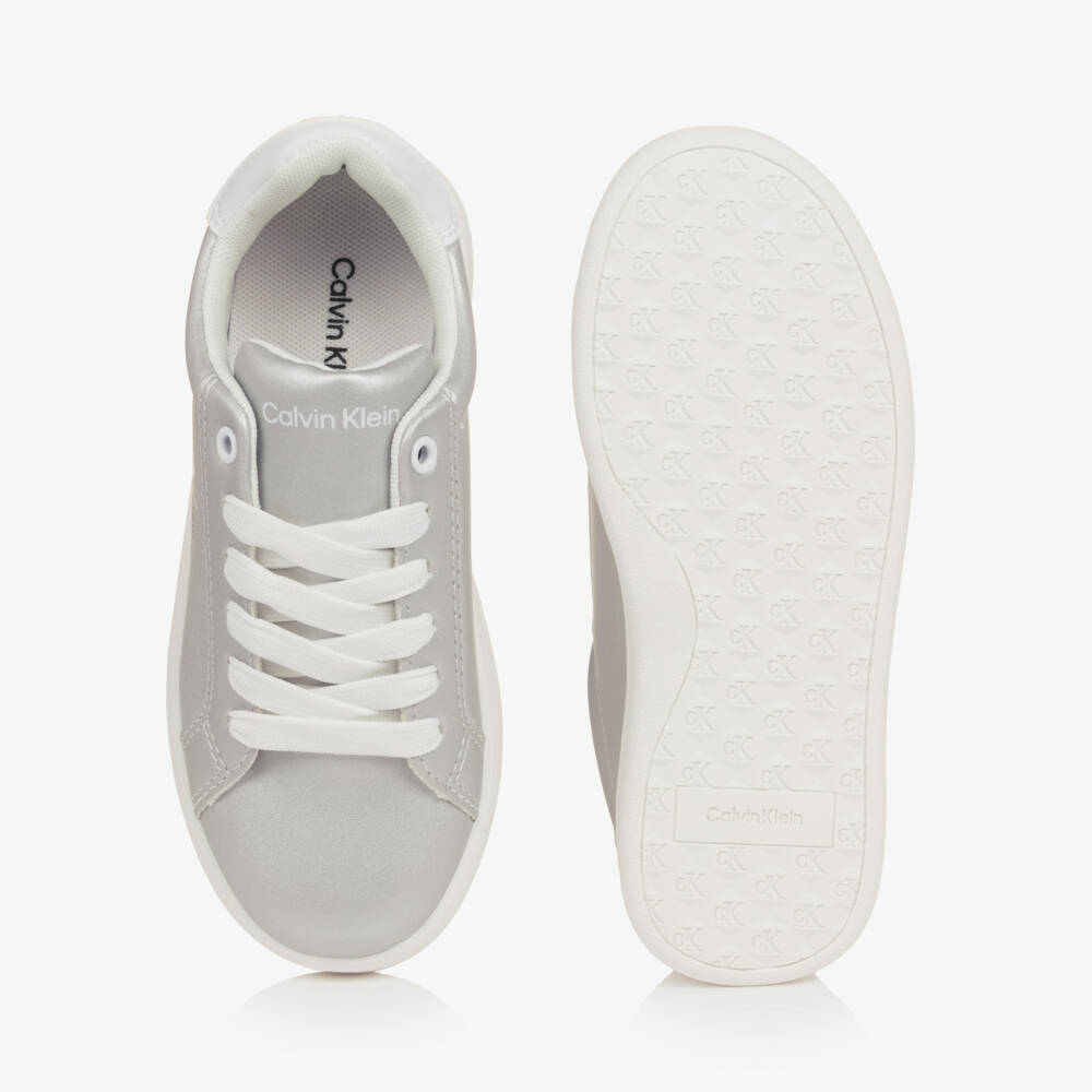 Calvin Klein-Girls Metallic Silver Faux Leather Trainers | Childrensalon Outlet