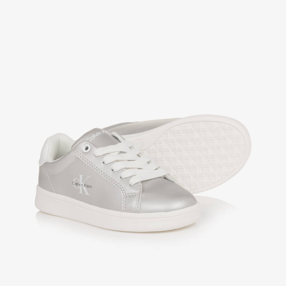 Calvin Klein-Girls Metallic Silver Faux Leather Trainers | Childrensalon Outlet