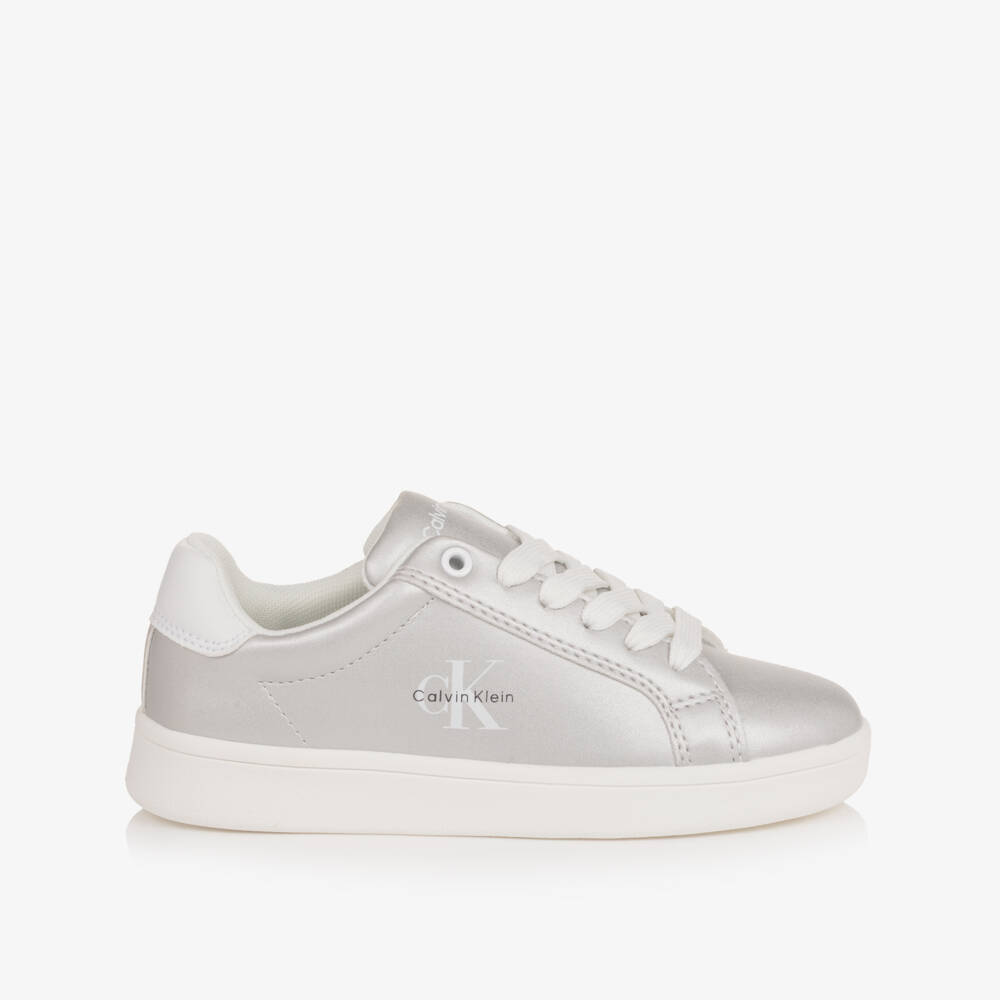 Calvin Klein-Girls Metallic Silver Faux Leather Trainers | Childrensalon Outlet