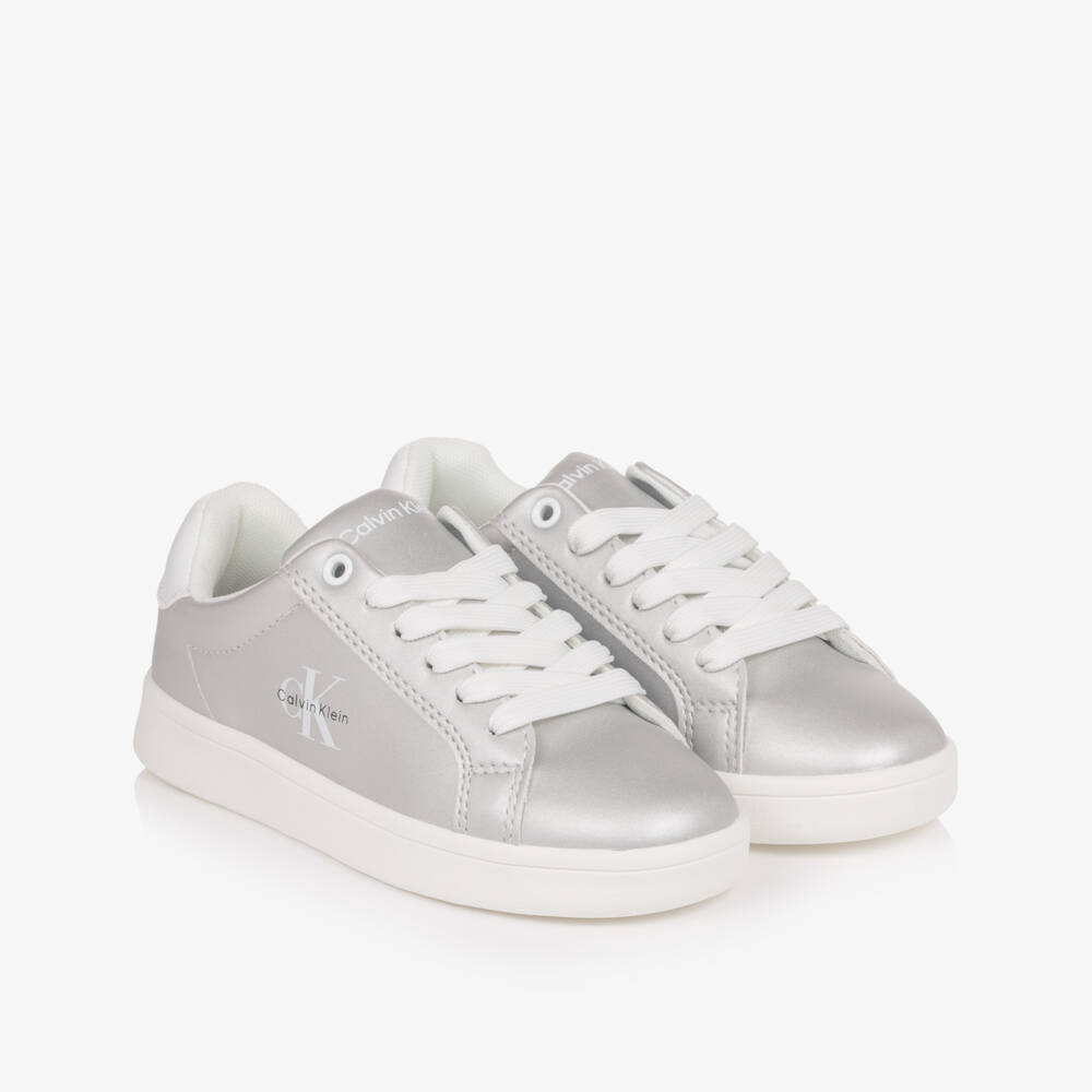 Calvin Klein-Girls Metallic Silver Faux Leather Trainers | Childrensalon Outlet