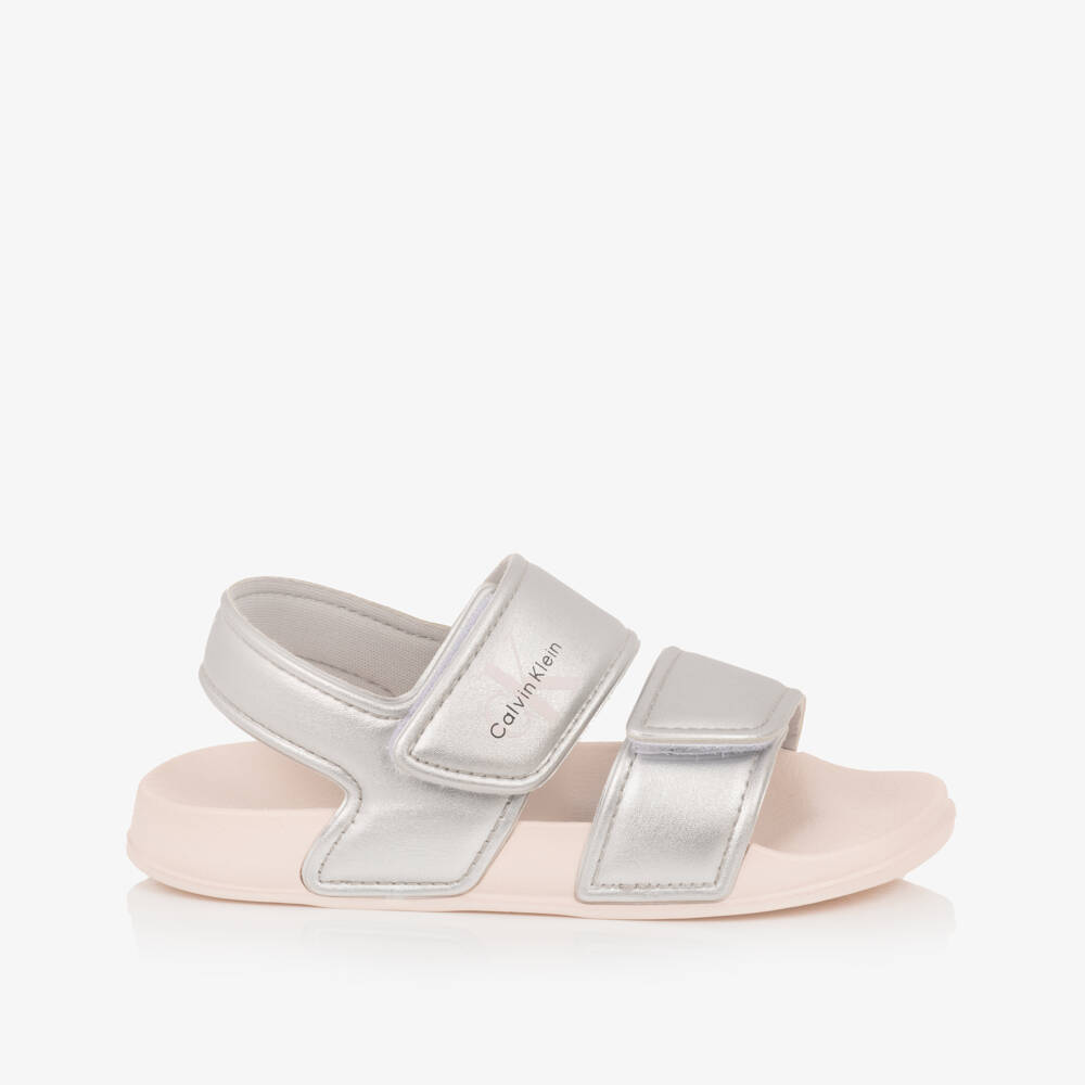 Calvin Klein-Girls Metallic Silver Lightweight Velcro Sandals | Childrensalon Outlet