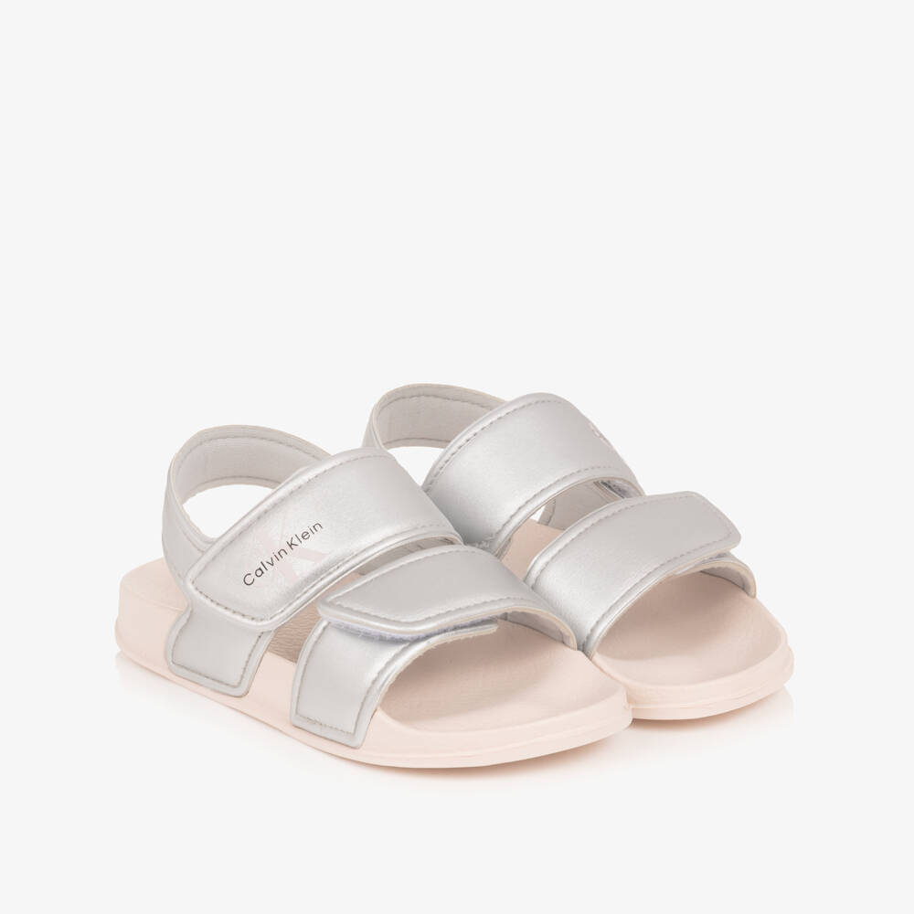 Calvin Klein-Girls Metallic Silver Lightweight Velcro Sandals | Childrensalon Outlet