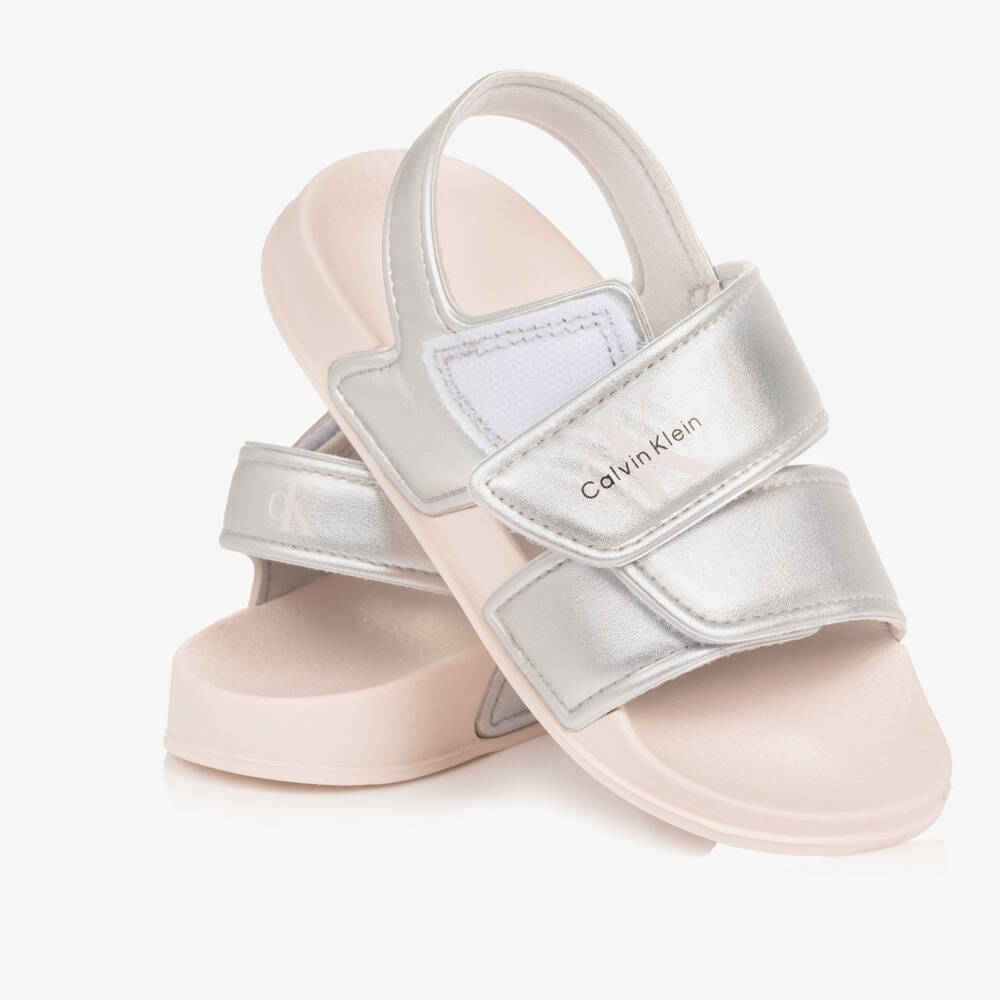 Calvin Klein-Girls Metallic Silver Lightweight Velcro Sandals | Childrensalon Outlet