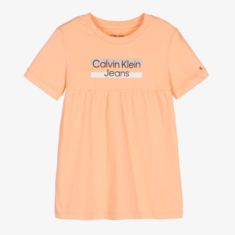 Calvin Klein Jeans - فستان أطفال بناتي قطن جيرسي لون برتقالي مرجاني | Childrensalon