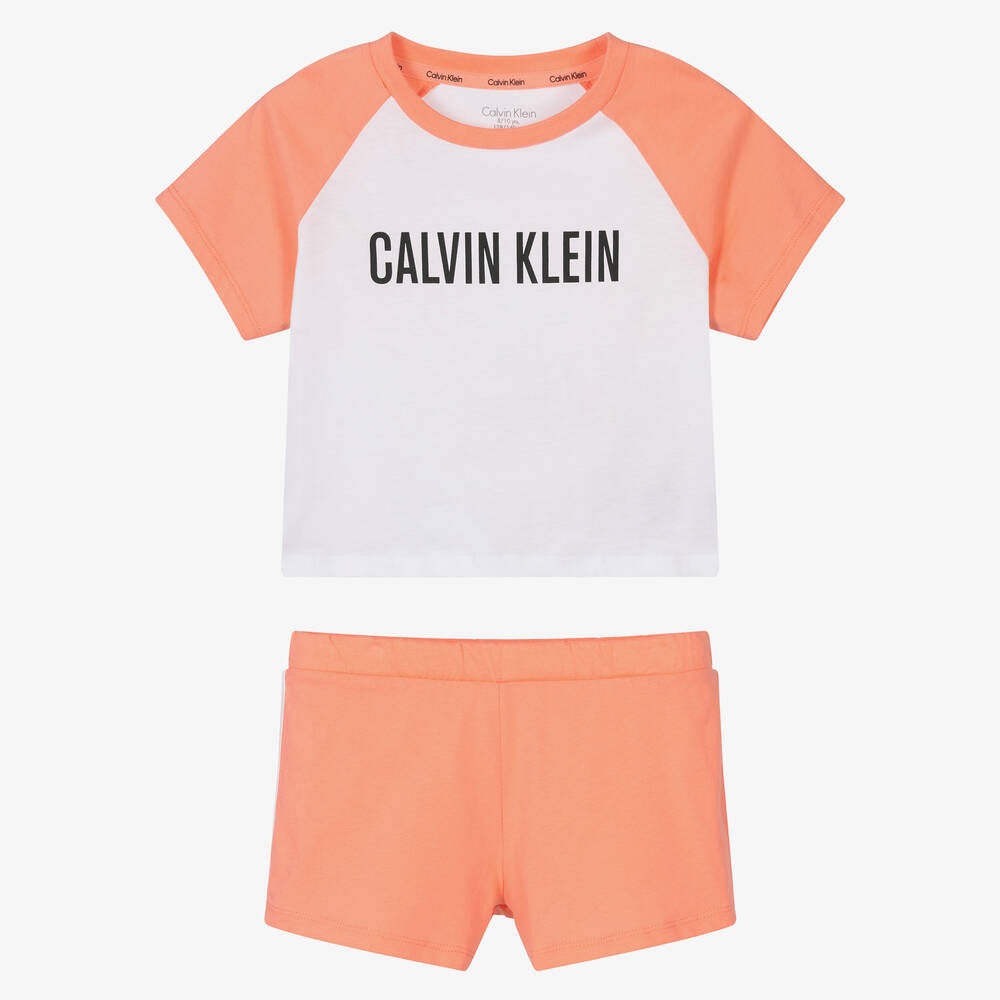 Calvin Klein - بيجاما قطن لون برتقالي وأبيض للبنات  | Childrensalon