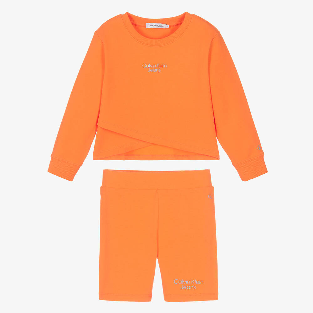 Calvin Klein Jeans - طقم شورت قطن جيرسي لون برتقالي للبنات | Childrensalon