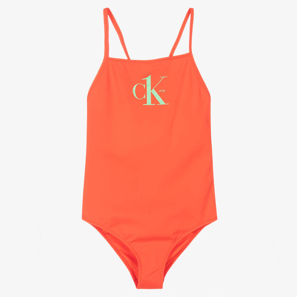 Calvin Klein - Girls Orange Logo Swimsuit | Childrensalon