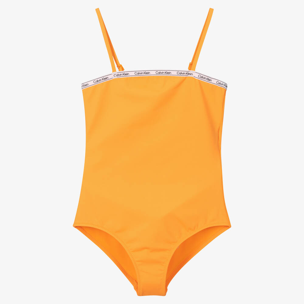 Calvin Klein - Girls Orange Logo Swimsuit | Childrensalon