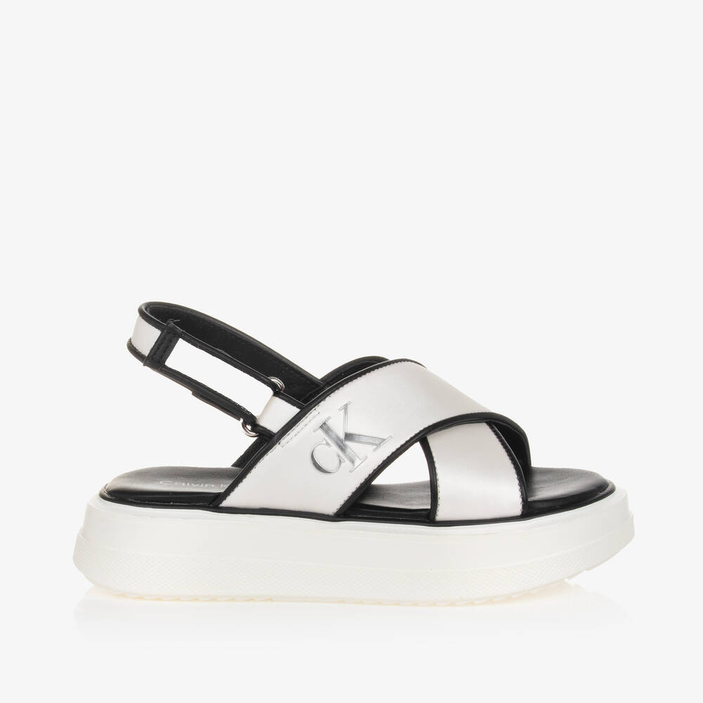 Calvin Klein-Girls Pearlescent White Velcro Sandals | Childrensalon Outlet