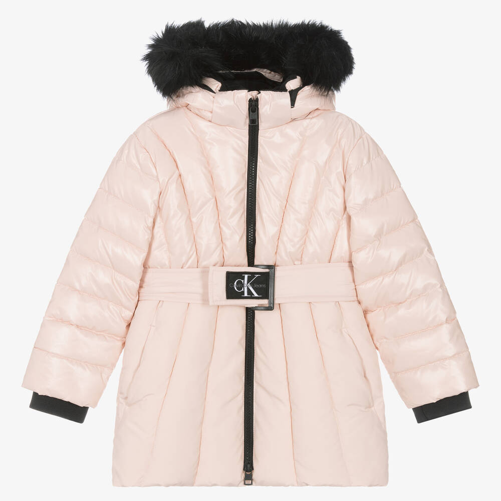 Calvin Klein - Girls Pink Belted Puffer Coat | Childrensalon