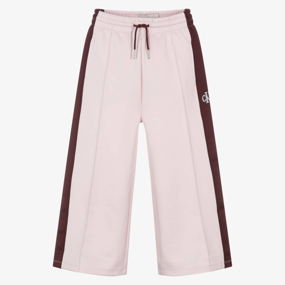 Calvin Klein-Girls Pink & Burgundy Red Wide-Leg Joggers with Monogram Logo | Childrensalon Outlet