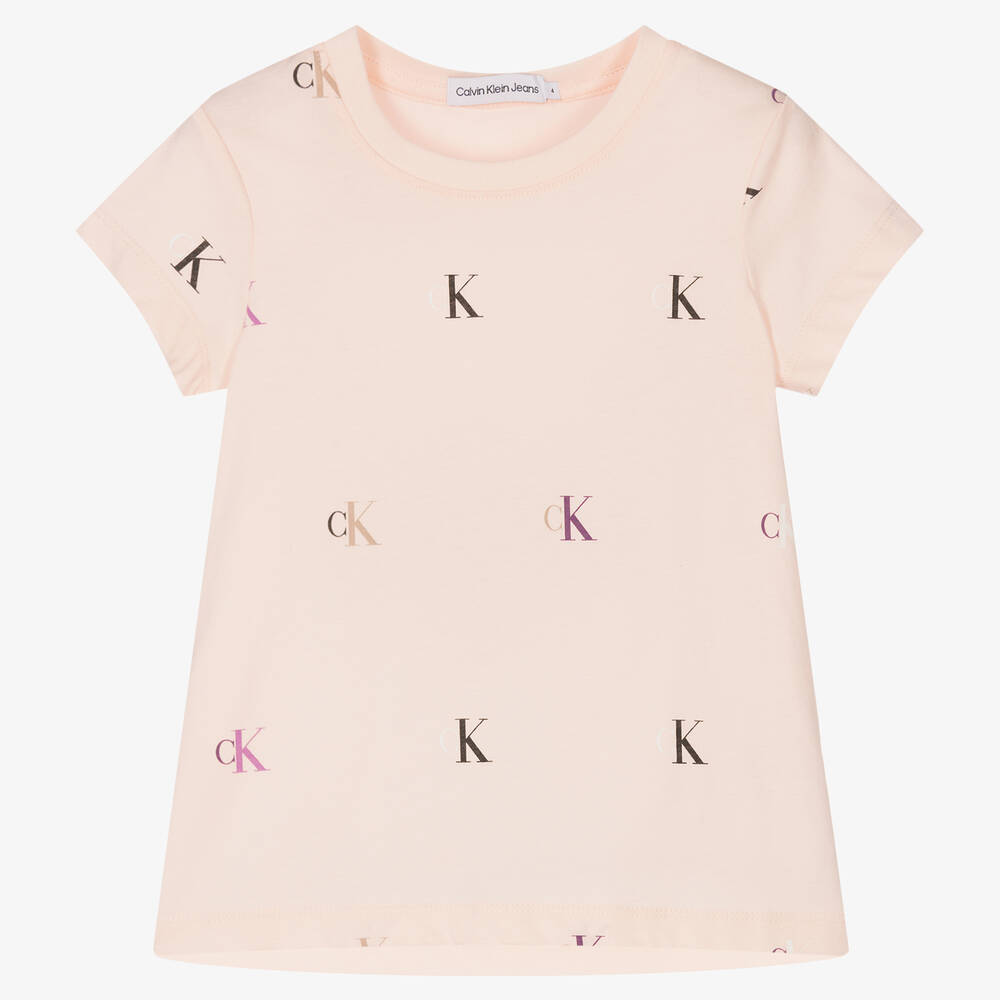 Calvin Klein Jeans - Girls Pink Cotton Monogram Logo T-Shirt | Childrensalon