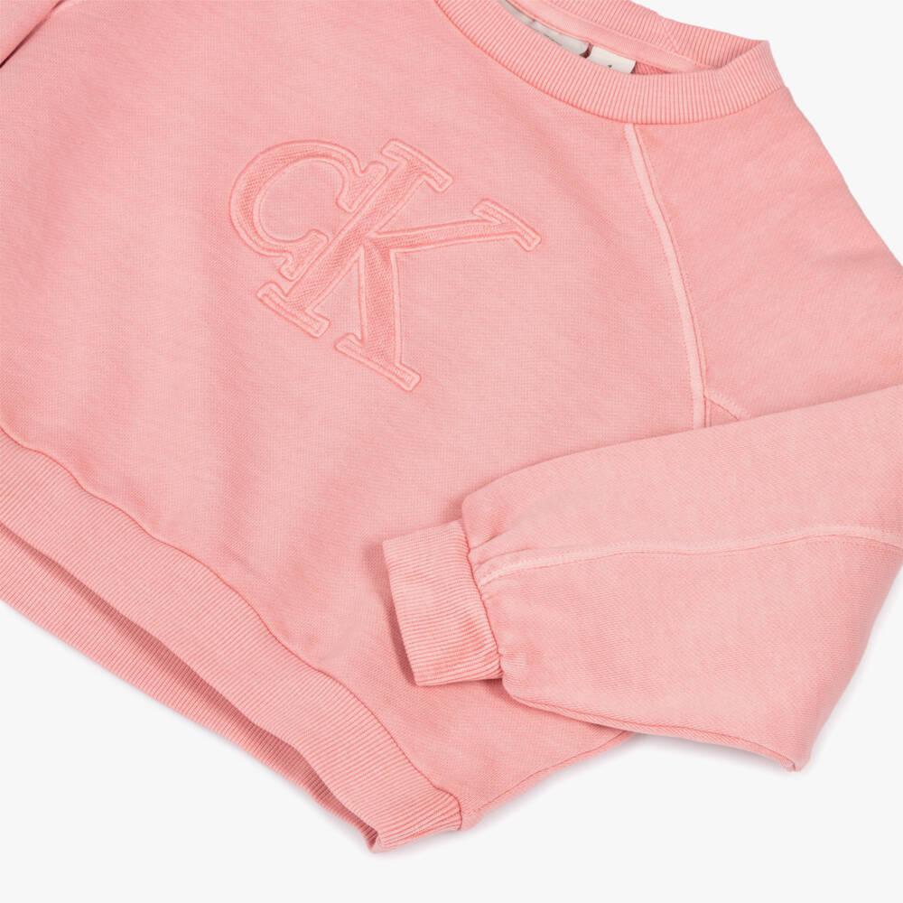 Calvin Klein-Girls Pink Cotton Sweatshirt with CK Monogram | Childrensalon Outlet