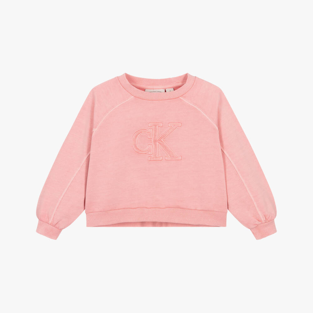 Calvin Klein-Girls Pink Cotton Sweatshirt with CK Monogram | Childrensalon Outlet