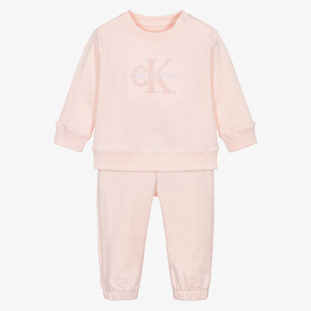 Calvin Klein-Girls Pink Cotton Tracksuit with Bouclé Logo | Childrensalon Outlet