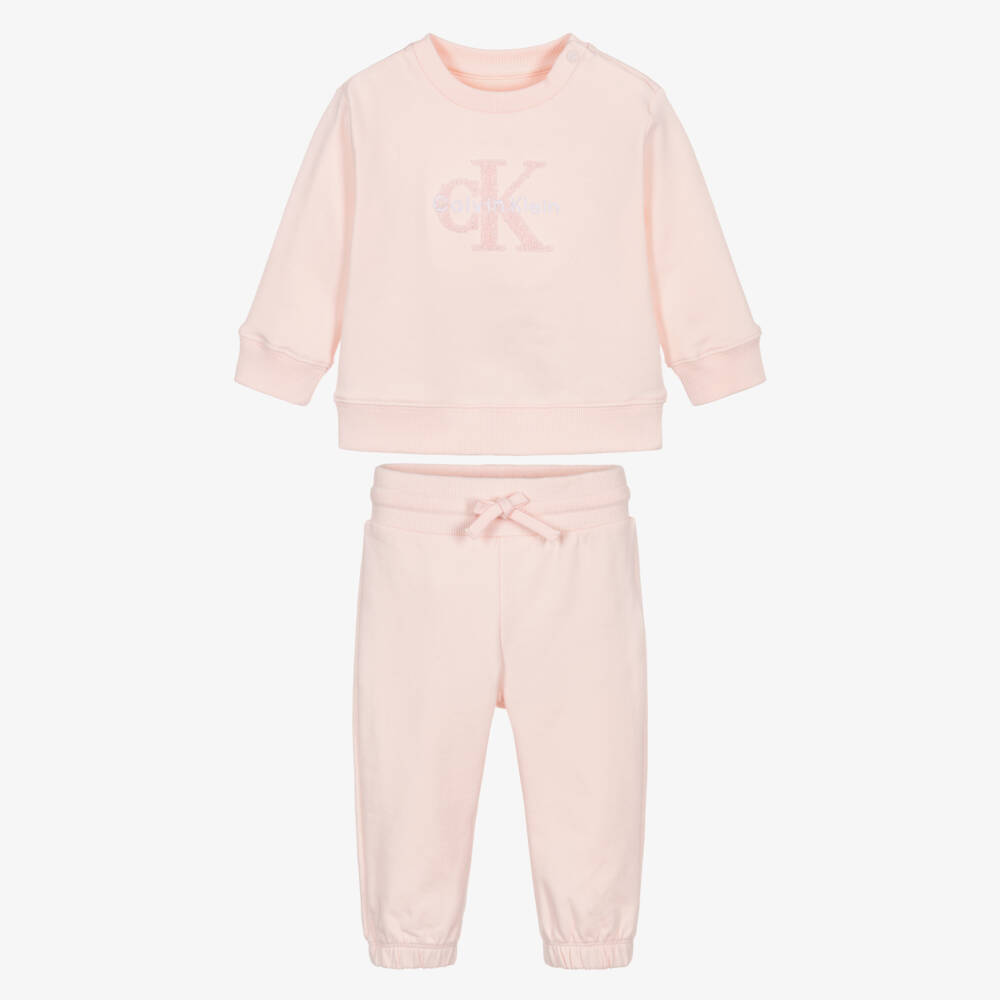 Calvin Klein-Girls Pink Cotton Tracksuit with Bouclé Logo | Childrensalon Outlet