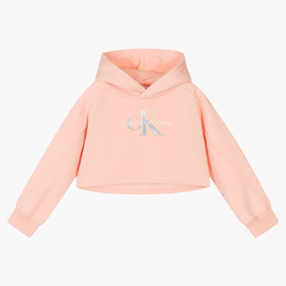 Calvin Klein Jeans - Girls Pink Logo Cropped Hoodie | Childrensalon