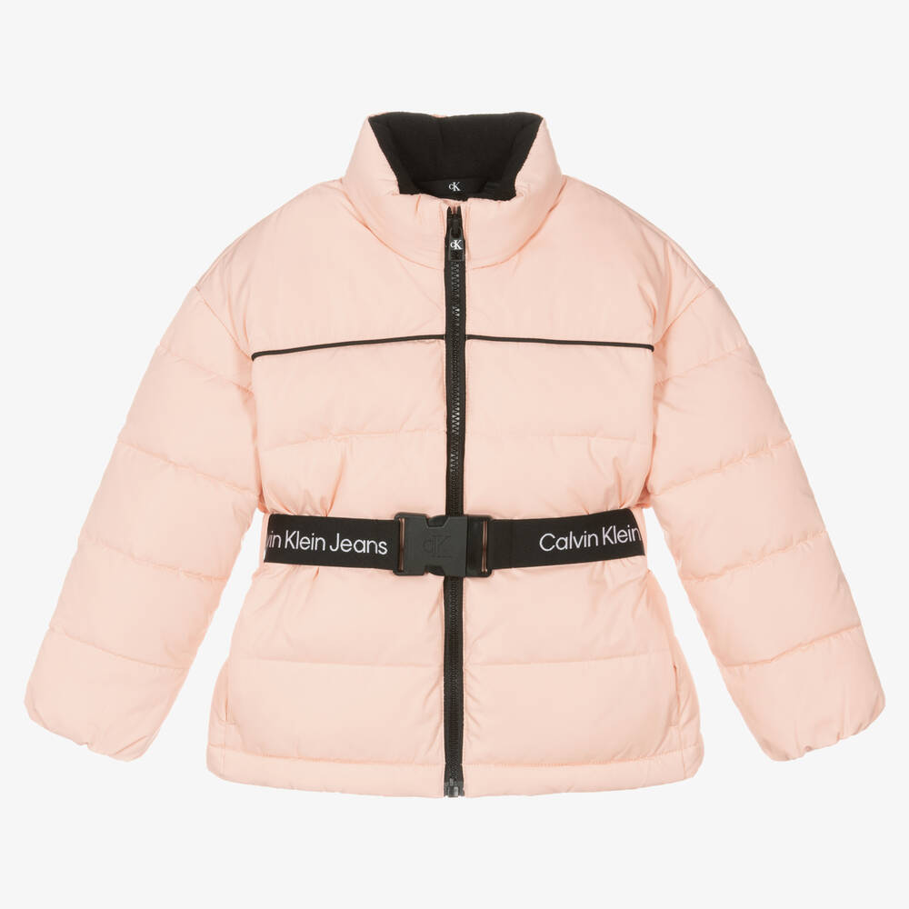 Calvin Klein - Girls Pink Puffer Belted Jacket | Childrensalon