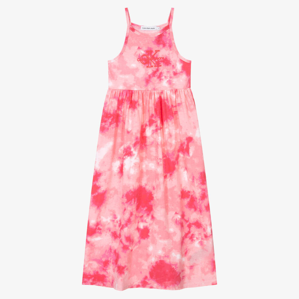Calvin Klein - Girls Pink Tie-Dye Cotton Maxi Dress | Childrensalon