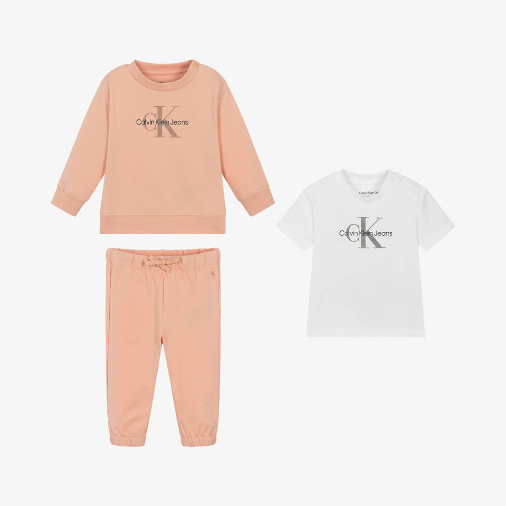 Calvin Klein-Girls Pink Tracksuit and T-shirt Set | Childrensalon Outlet