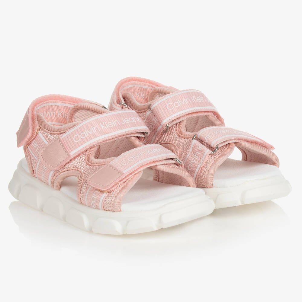 Calvin Klein Jeans-Girls Pink & White Woven Logo Sandals | Childrensalon Outlet