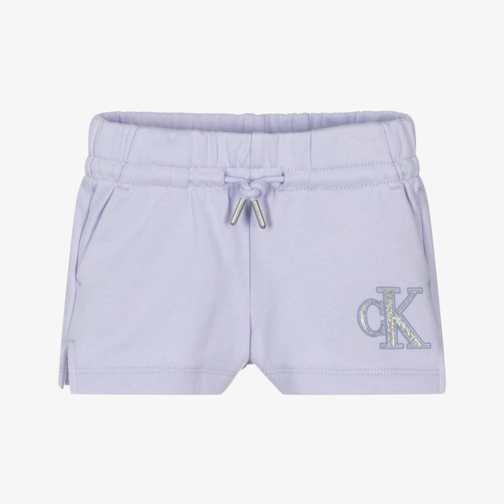Calvin Klein-Girls Purple Sparkle Logo Cotton Shorts | Childrensalon Outlet