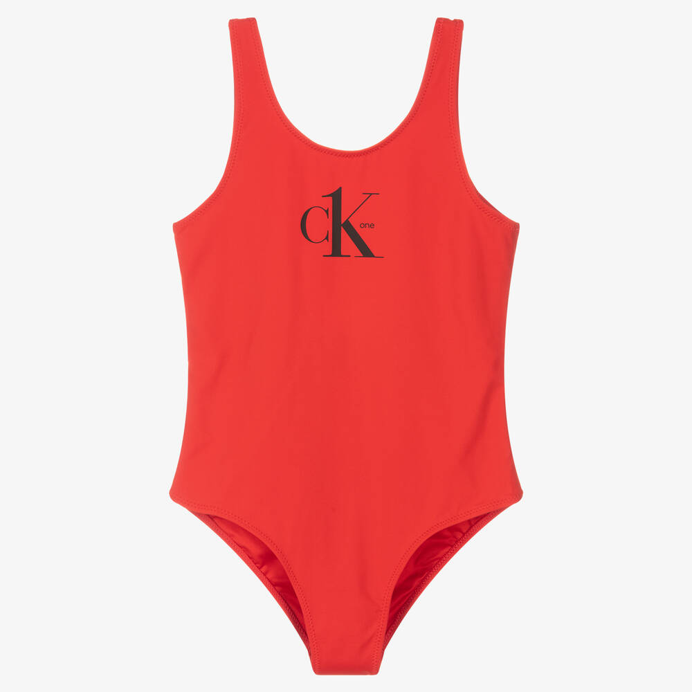 Calvin Klein - Girls Red Logo Swimsuit | Childrensalon