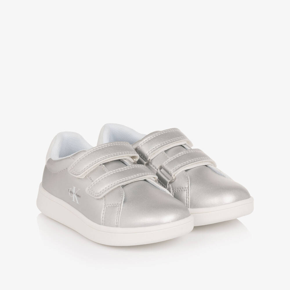 Calvin Klein-Girls Silver Faux Leather Velcro Trainers | Childrensalon Outlet