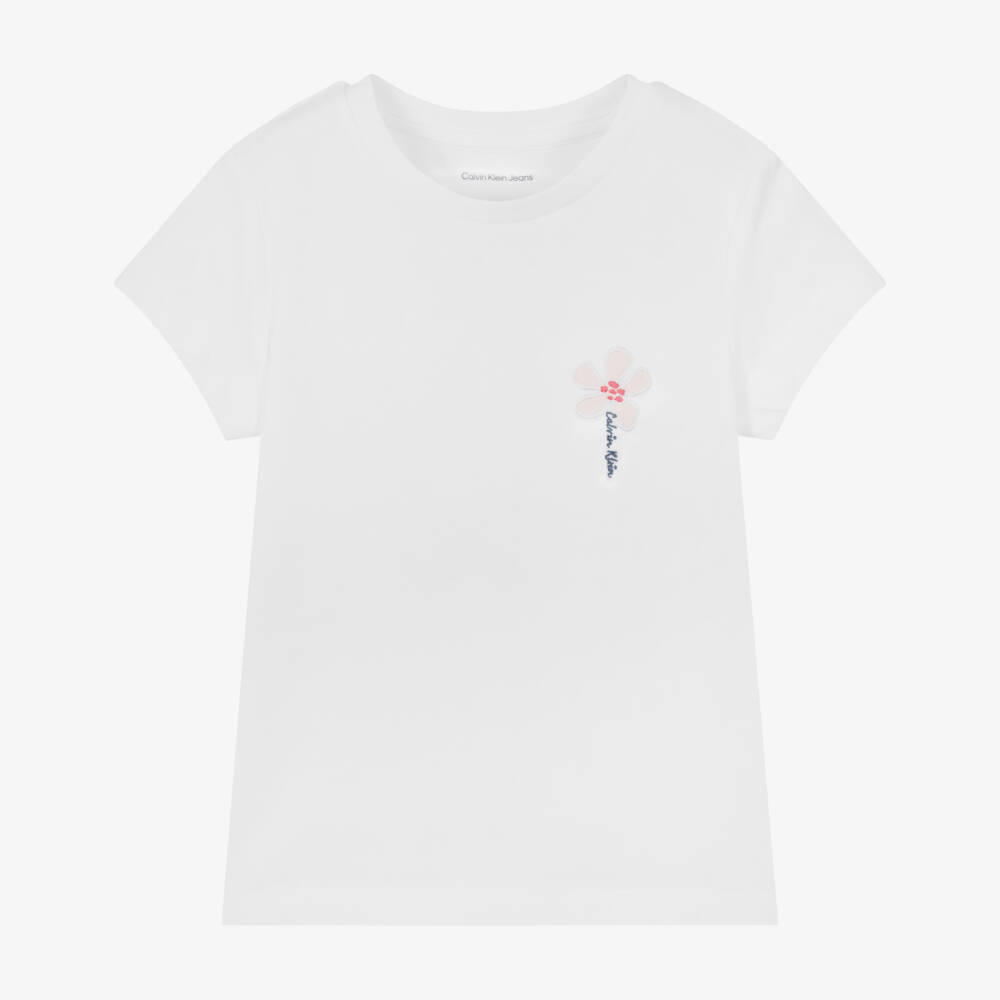 Calvin Klein-Girls Soft White Floral Tee | Childrensalon Outlet