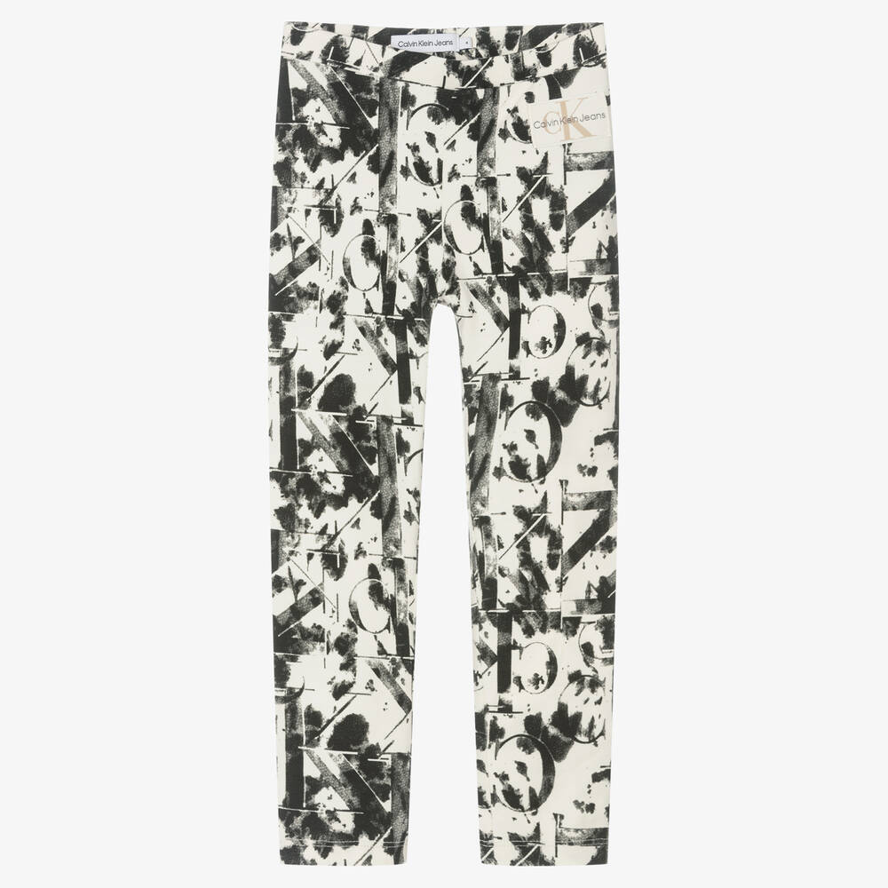 Calvin Klein Jeans - Girls White & Black Cotton Logo Leggings | Childrensalon